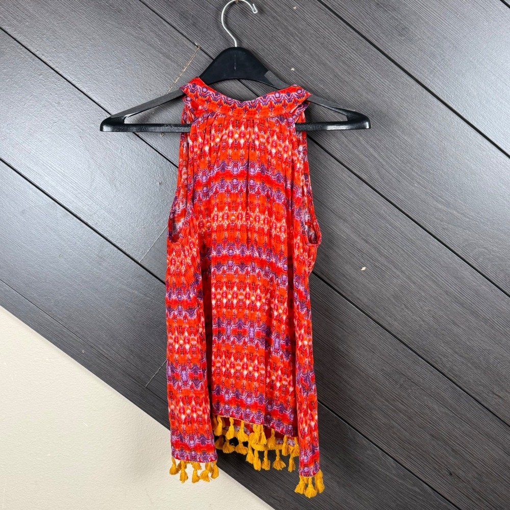 THML Women XS Halter Blouse Boho Tassel Fringe Orange Purple Festival Top NWOT